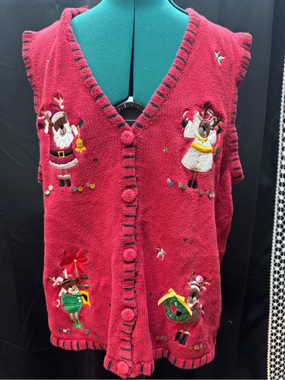 Holiday Editions Red Embroidered Christmas Knit Vest with Pom Buttons